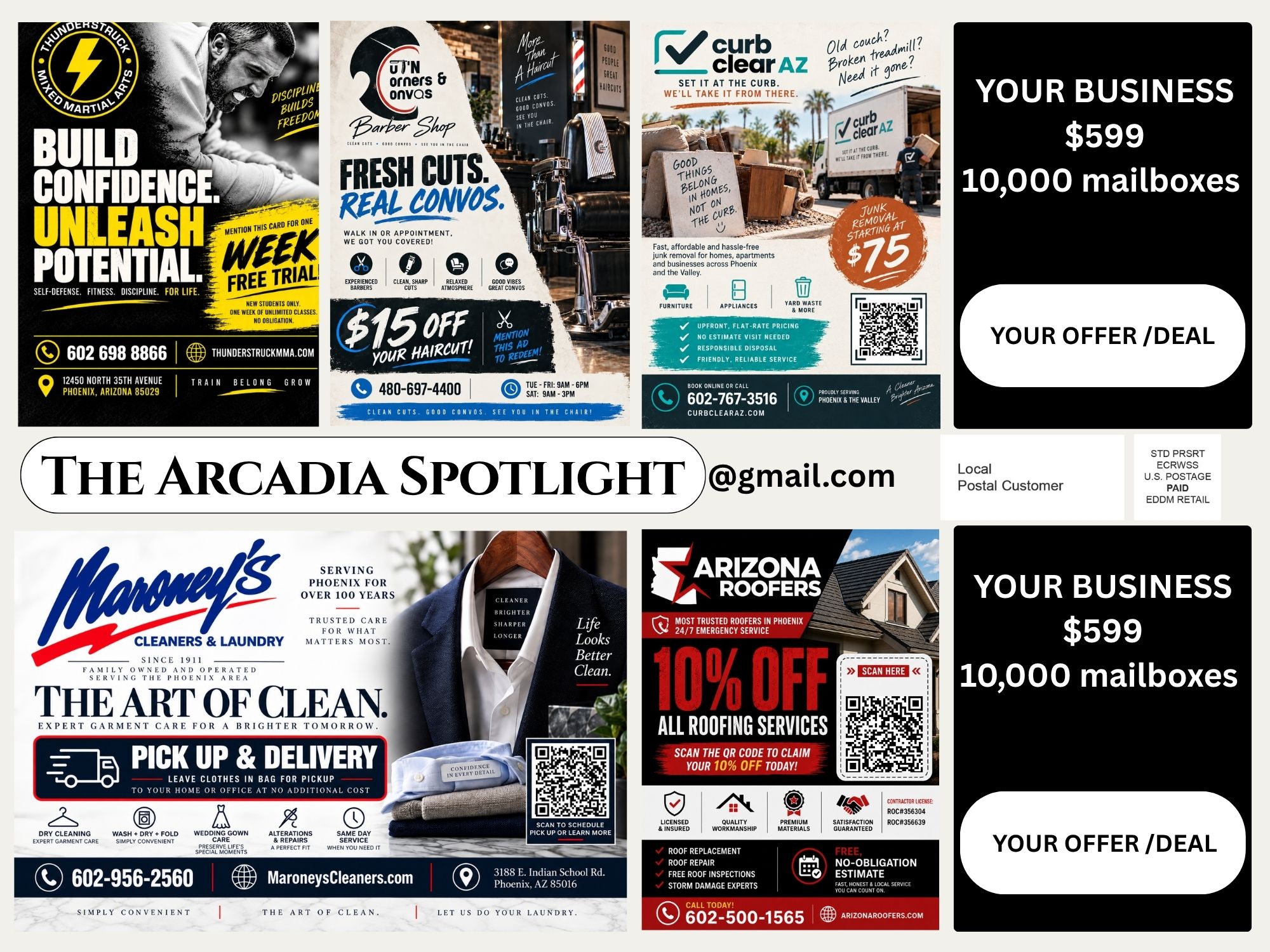 The Arcadia Spotlight 9x12 mailer showing local business ads